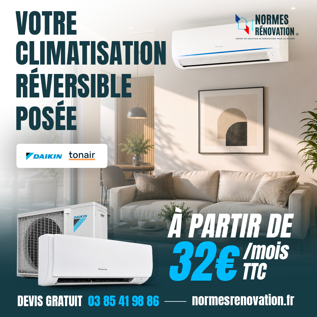 Offre climatisation réversible posée Normes Rénovation à partir de 32 euros par mois TTC