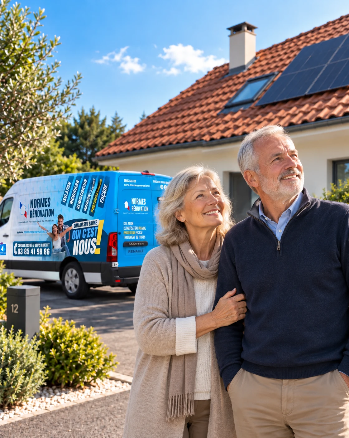 Client satisfait devant sa maison rénovée, avec le véhicule Normes & Rénovation
